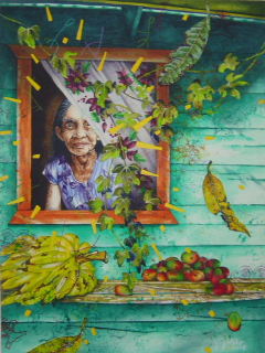 Acrylic painting of 80 year old Margarita looking out her window in Santa Cruz, Costa Rica - Painting by Jan Yatsko