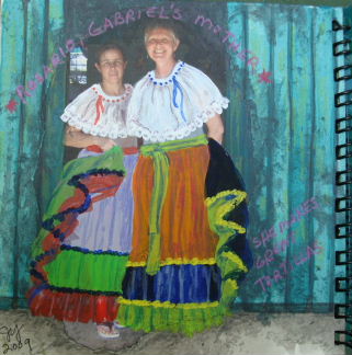 Art journal by Jan Yatsko of herself and Rosario in Costa Rican folklore dresses