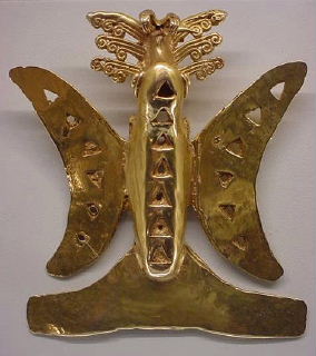 Pre-Columbian gold butterfly figure in the Gold Museum, San Jose, Costa Rica - Butterflies symbolize female shamans